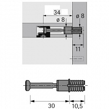 Дюбель быстрого монтажа  под запрессовку RAPID S DU 325 для RASTEX. Зажимной размер 30 мм, длина 34 мм, диаметр 8мм. 9046182. HETTICH